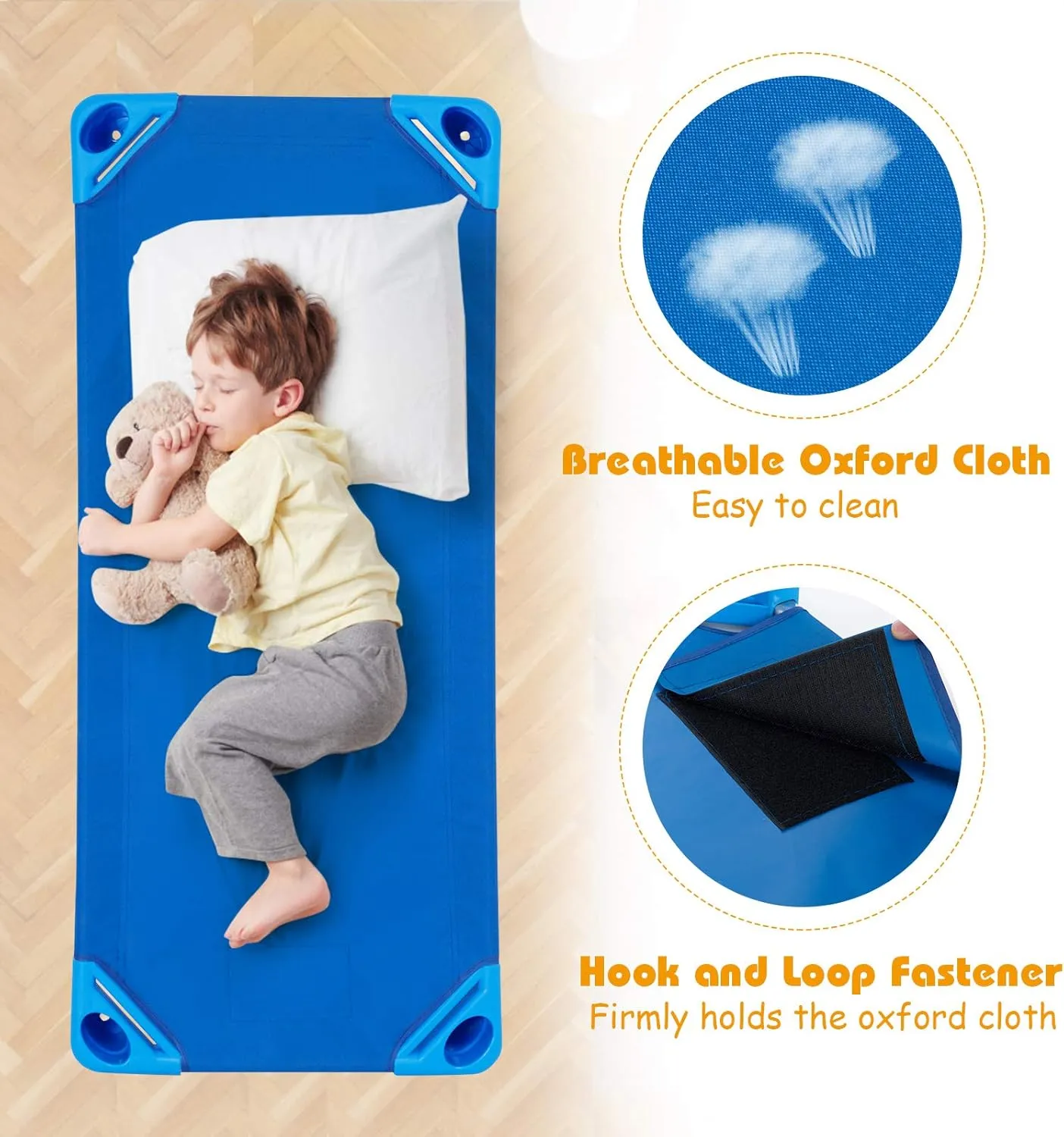 KOTEK Stackable Sleeping Daycare Cots for Kids, Portable Toddler Nap Cots, 52" L x 23" W, Ready-to-Assemble, Space-Saving Children Naptime Cot for Classroom Preschool (Set of 6, Blue)