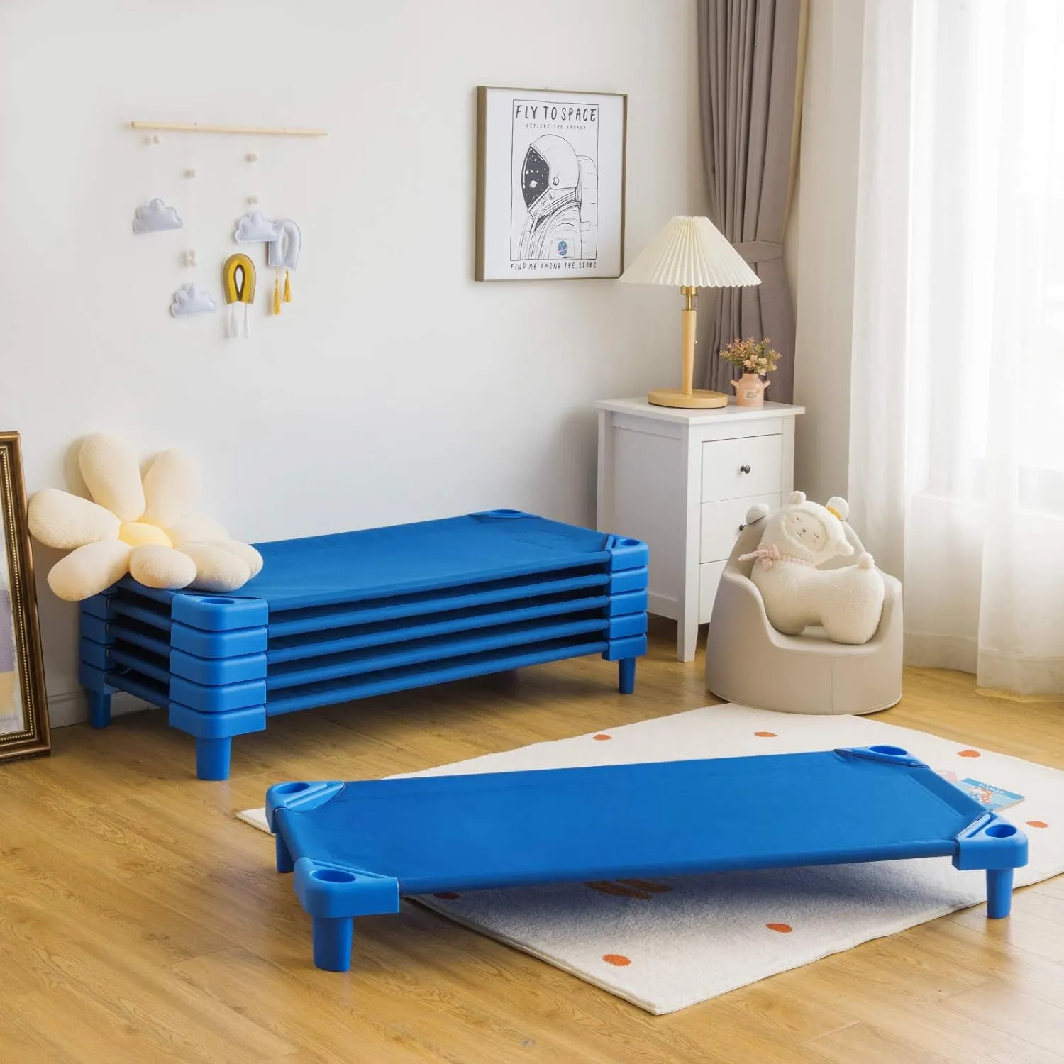 KOTEK Stackable Sleeping Daycare Cots for Kids, Portable Toddler Nap Cots, 52" L x 23" W, Ready-to-Assemble, Space-Saving Children Naptime Cot for Classroom Preschool (Set of 6, Blue)