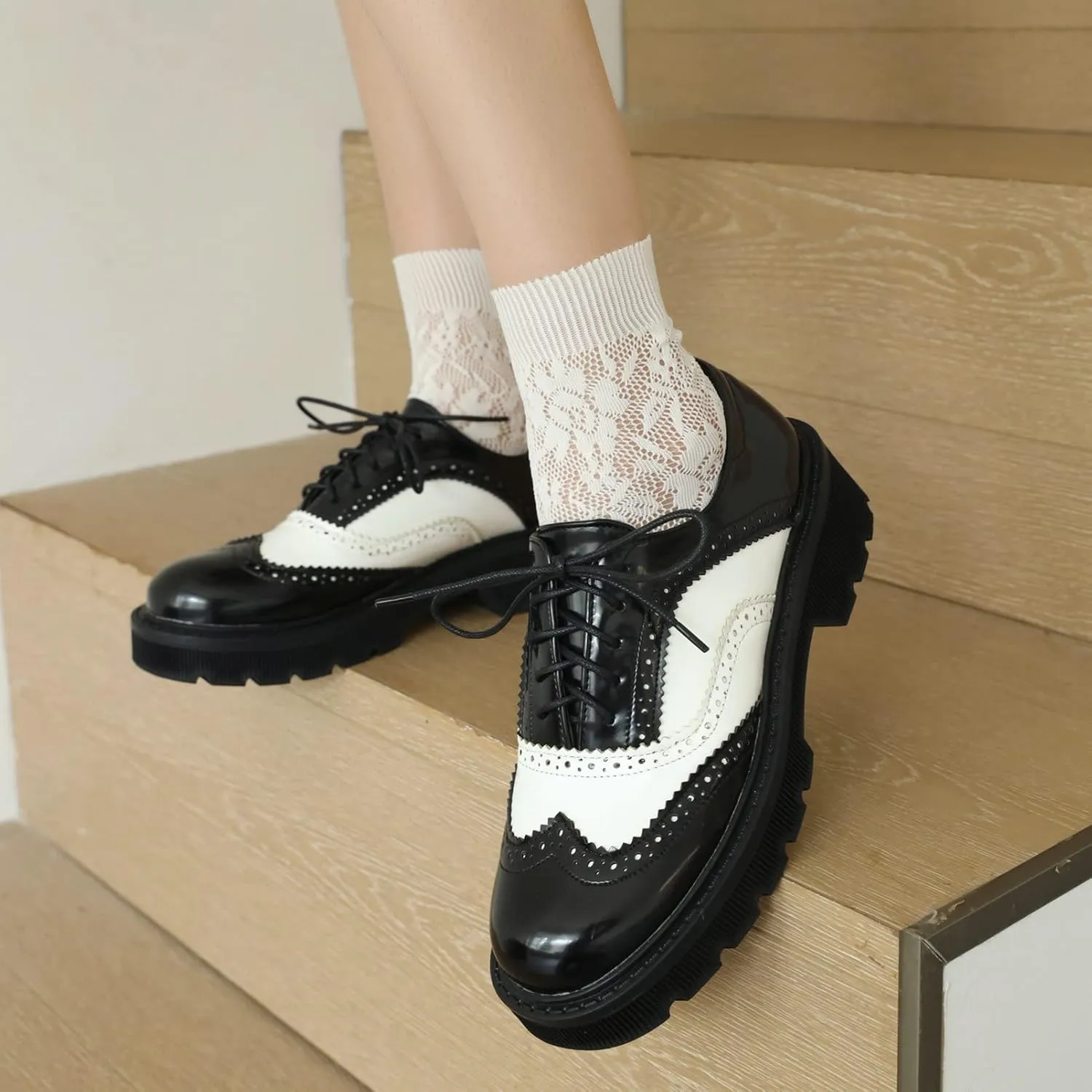 KysBloes Women Lace Up Platform Oxford Shoes Chunky Heel Wingtip Pumps Vintage Brogue Saddle Shoes