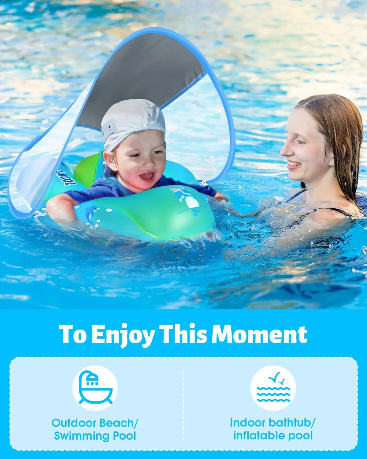 LAYCOL Baby Swimming Float Inflatable Baby Pool Float Ring with Sun Protection Canopy,add Tail no flip Over for Age of 3-36 Months