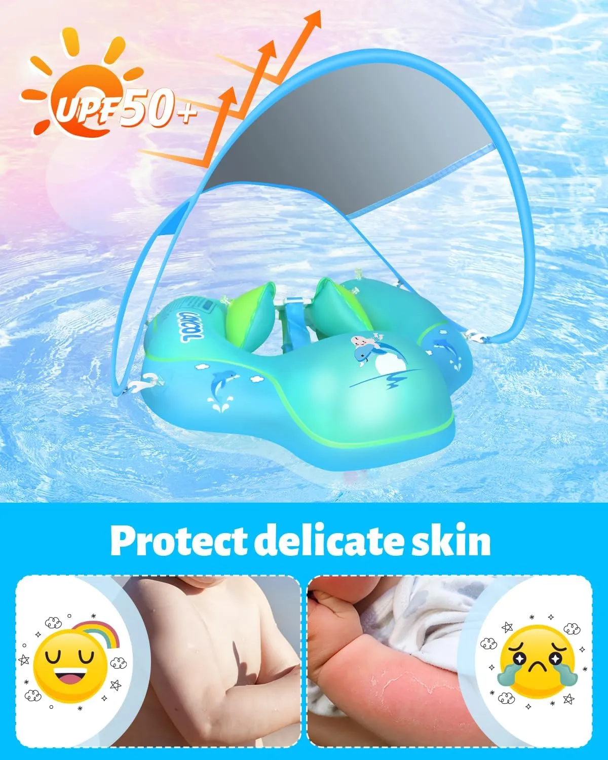 LAYCOL Baby Swimming Float Inflatable Baby Pool Float Ring with Sun Protection Canopy,add Tail no flip Over for Age of 3-36 Months