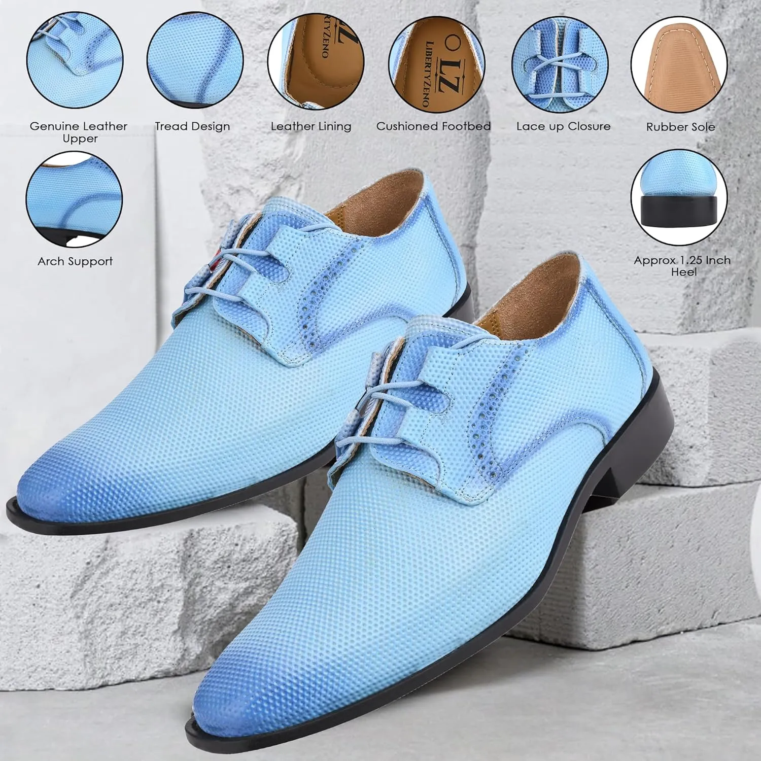 LIBERTYZENO Mens Plain & Animal Print Blue Genuine Leather Adults Lace Up Oxford Dress Shoes for Prom Graduation