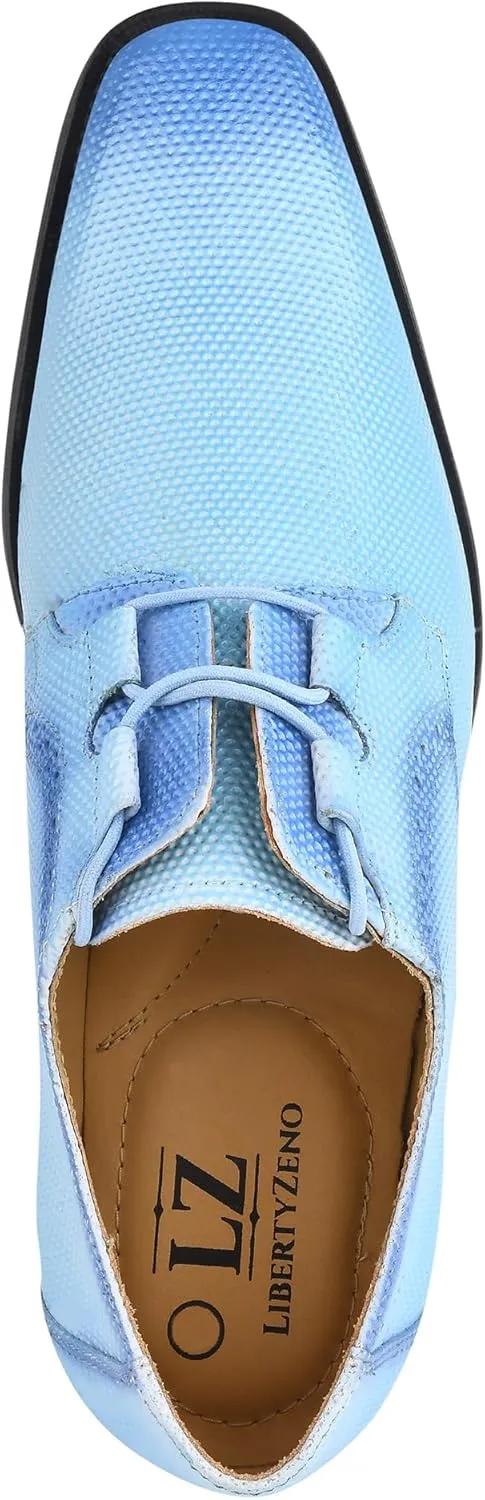 LIBERTYZENO Mens Plain & Animal Print Blue Genuine Leather Adults Lace Up Oxford Dress Shoes for Prom Graduation
