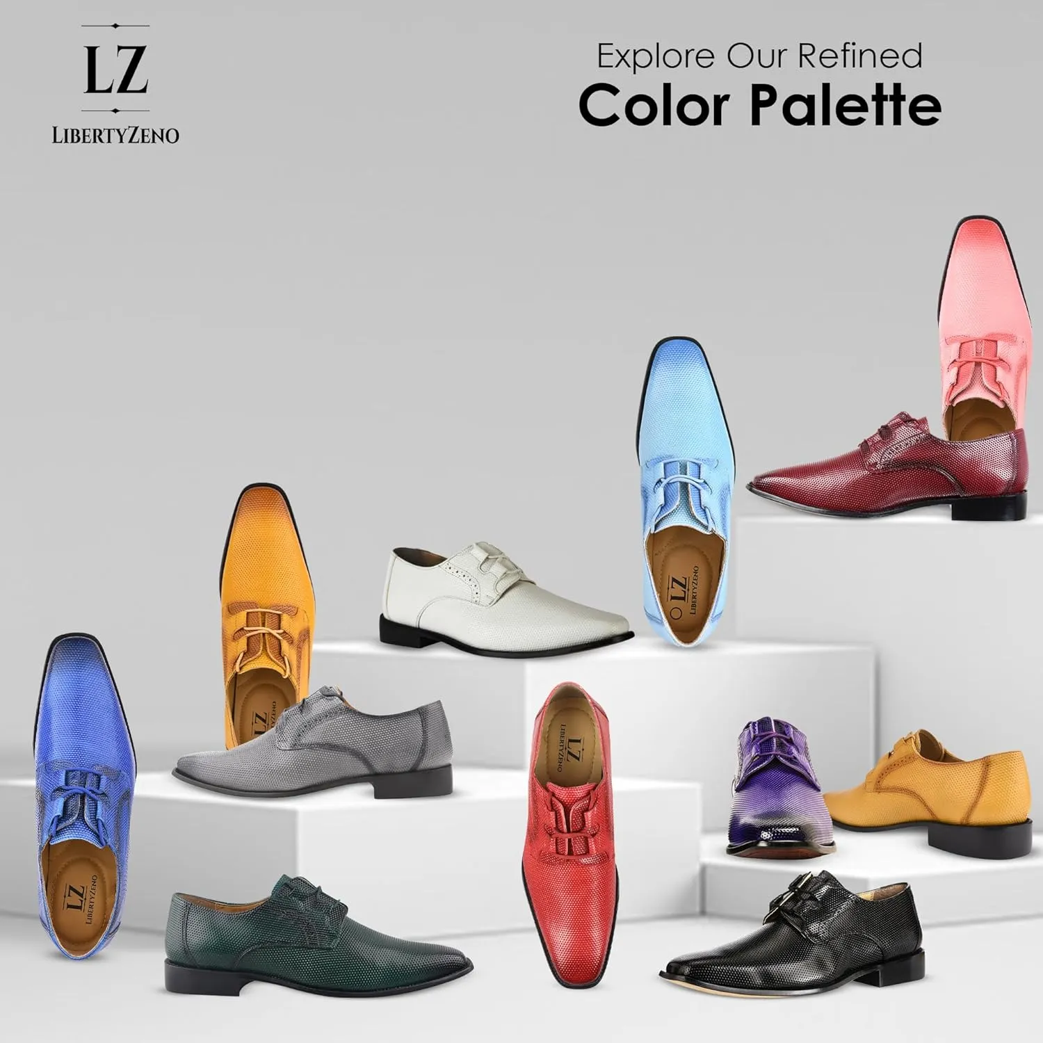 LIBERTYZENO Mens Plain & Animal Print Blue Genuine Leather Adults Lace Up Oxford Dress Shoes for Prom Graduation