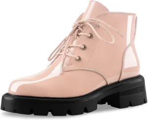 Lug Sole Chunky Heel Short Combat Boots Fashion Ankle Booties Low Heeled Platform Black Oxford Shoes with Side Zipper and Lace Up for Women Ladies Cute