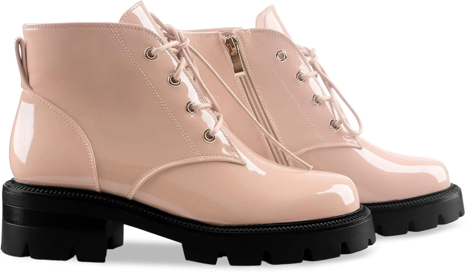 Lug Sole Chunky Heel Short Combat Boots Fashion Ankle Booties Low Heeled Platform Black Oxford Shoes with Side Zipper and Lace Up for Women Ladies Cute