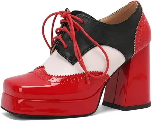 LUXMAX Women Platform Oxford Shoes Lace Upe Square Toe Wingtip Vintage Chunky Heel Saddle Shoes