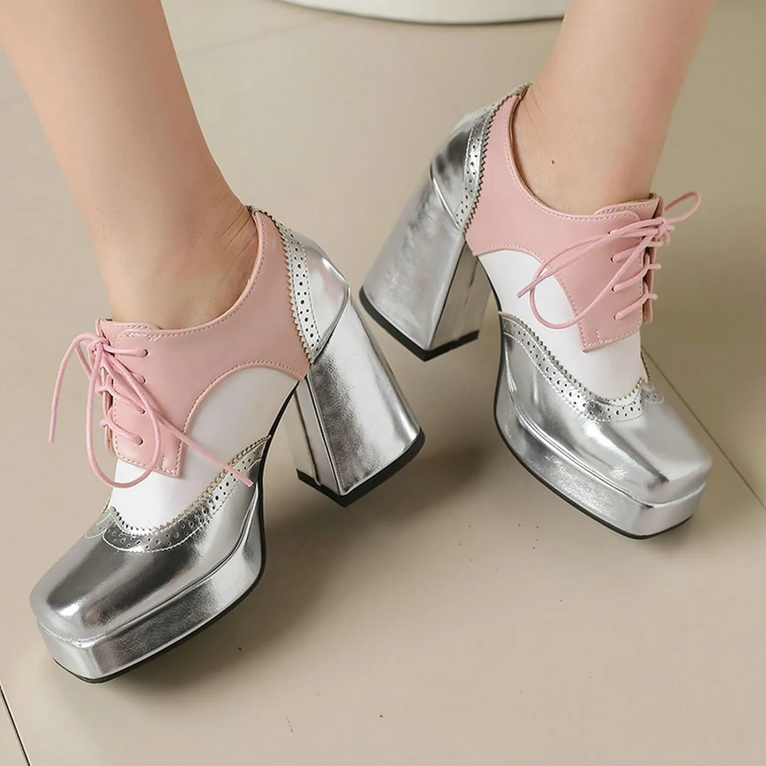 LUXMAX Women Platform Oxford Shoes Lace Upe Square Toe Wingtip Vintage Chunky Heel Saddle Shoes