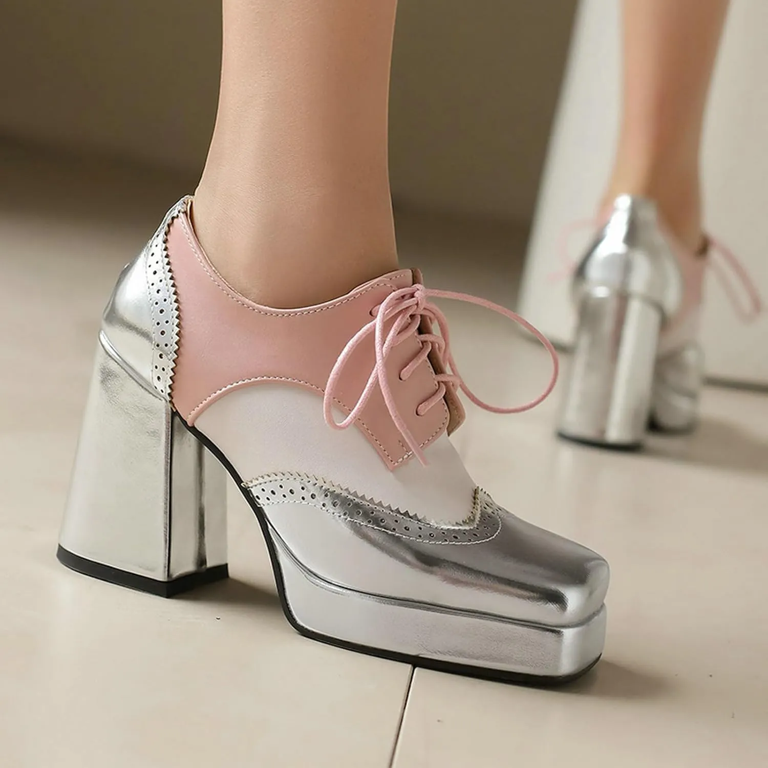 LUXMAX Women Platform Oxford Shoes Lace Upe Square Toe Wingtip Vintage Chunky Heel Saddle Shoes