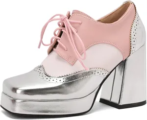 LUXMAX Women Platform Oxford Shoes Lace Upe Square Toe Wingtip Vintage Chunky Heel Saddle Shoes