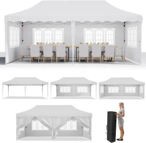 MAMIZO 10x20ft Pop up Canopy Tent w/6 Sidewalls, Heavy Duty Wedding Party Tent, Height Adjustable Large Commercial Gazebo, Instant Sun Protection Shelter W/Upgraded 3 Raised Roofs, Wheeled Bag (White)