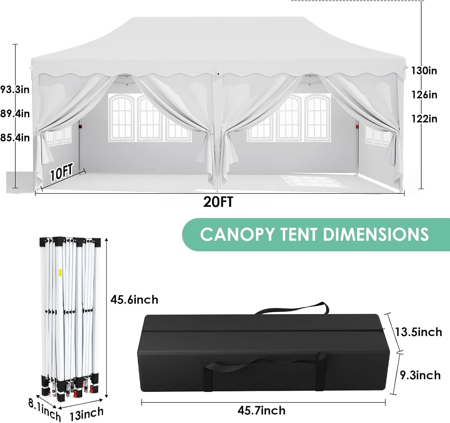 MAMIZO 10x20ft Pop up Canopy Tent w/6 Sidewalls, Heavy Duty Wedding Party Tent, Height Adjustable Large Commercial Gazebo, Instant Sun Protection Shelter W/Upgraded 3 Raised Roofs, Wheeled Bag (White)
