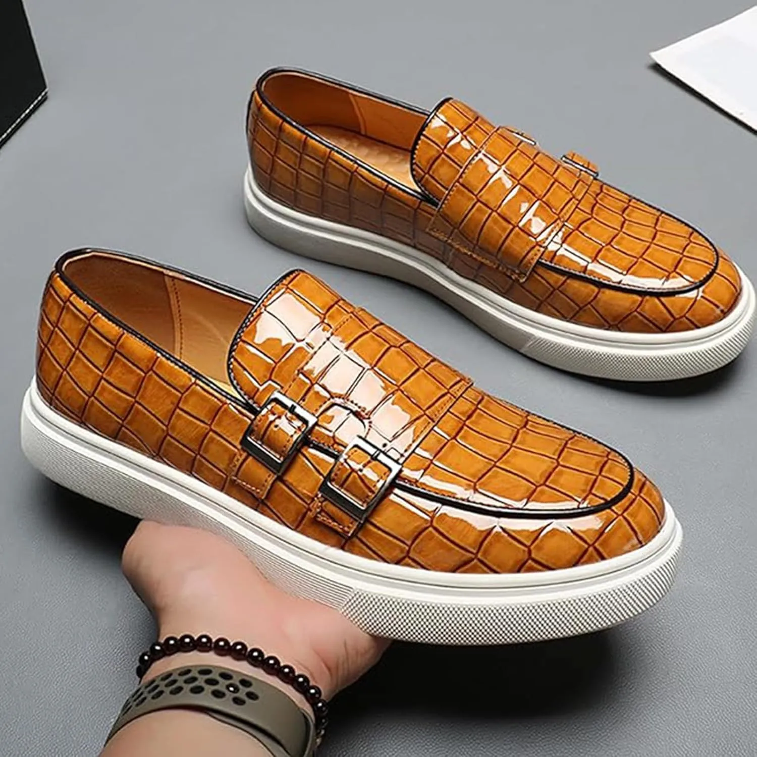 Men Crocodile Print Double Monk Strap Slip On Loafers Fashionable Patent Leather Classic Oxford Formal Business Shoes Comfortable Dress Shoes
