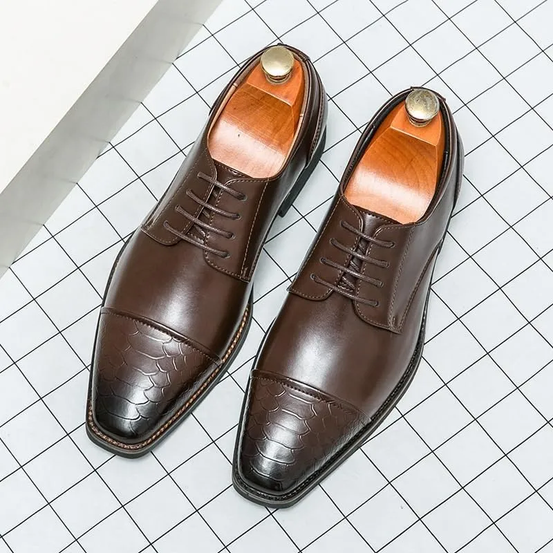 Men's Fashion Pointed Toe Brogue Oxfords Classic Lace Up Low Top Leather Dress Shoes Comfort Genuine Leather Shoes