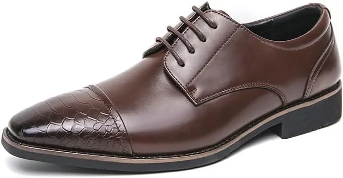 Men's Fashion Pointed Toe Brogue Oxfords Classic Lace Up Low Top Leather Dress Shoes Comfort Genuine Leather Shoes