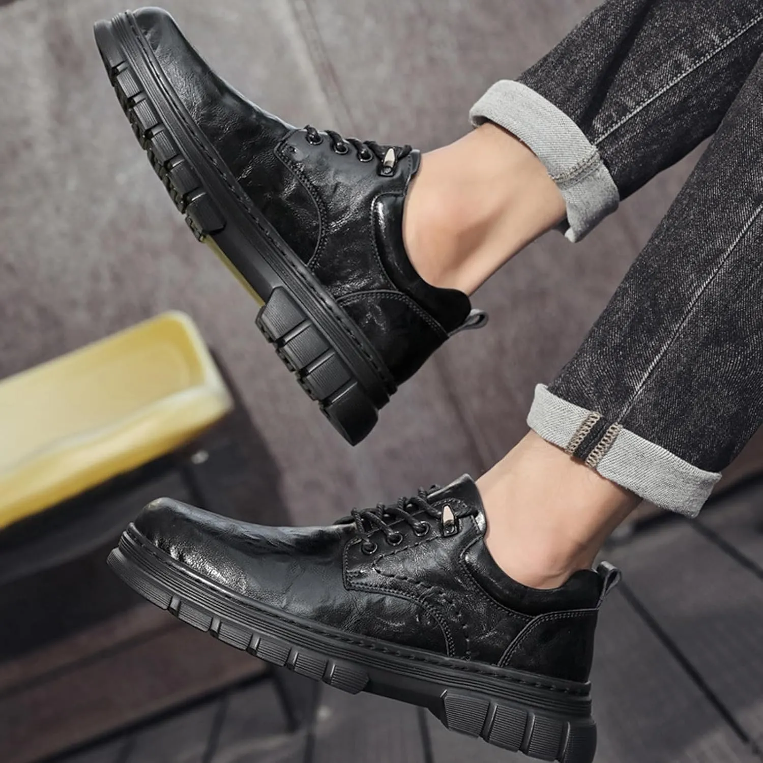 Men's Genuine Leather lace-up Platform Oxford Shoes Retro Round Toe Non-Slip Lug Sole Slip-on Dress Derby Shoes for Driving Office Leather Shoes