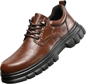 Men's Genuine Leather lace-up Platform Oxford Shoes Retro Round Toe Non-Slip Lug Sole Slip-on Dress Derby Shoes for Driving Office Leather Shoes