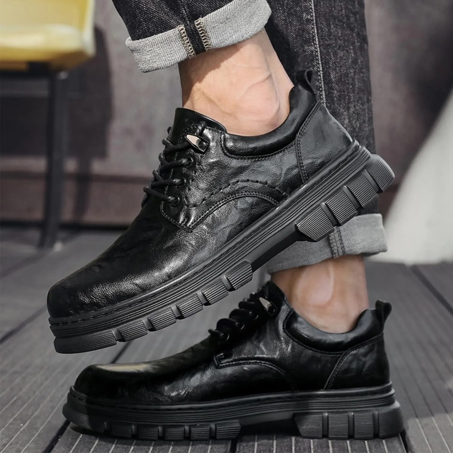 Men's Genuine Leather lace-up Platform Oxford Shoes Retro Round Toe Non-Slip Lug Sole Slip-on Dress Derby Shoes for Driving Office Leather Shoes