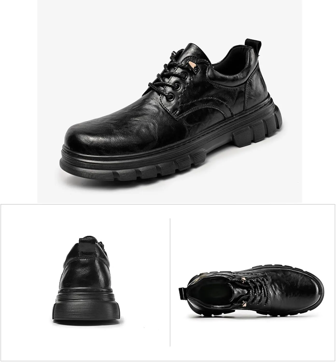 Men's Genuine Leather lace-up Platform Oxford Shoes Retro Round Toe Non-Slip Lug Sole Slip-on Dress Derby Shoes for Driving Office Leather Shoes