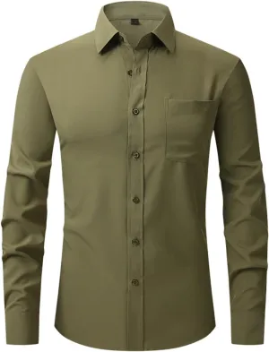 Men's Wrinkle Free Cotton Shirts Long Sleeve Button Down Blouses Stretch Business Casual Shirt Solid Lapel Outfits