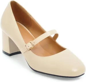 MIOKE Women's Square Toe Mary Jane Pump Oxford Leather Buckle Strap Chunky Block Mid Heel Retro Dress Shoes