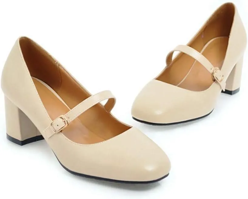 MIOKE Women's Square Toe Mary Jane Pump Oxford Leather Buckle Strap Chunky Block Mid Heel Retro Dress Shoes