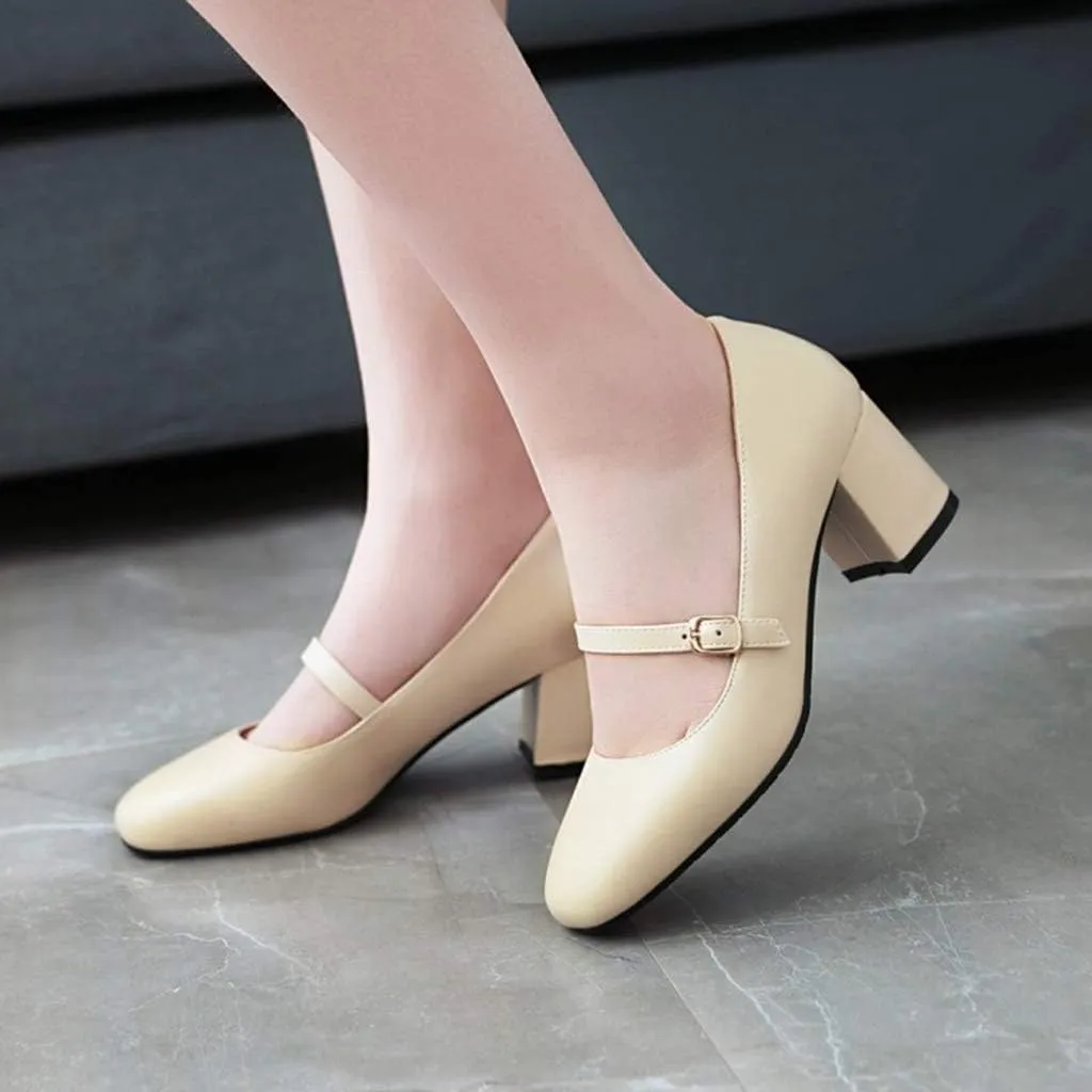 MIOKE Women's Square Toe Mary Jane Pump Oxford Leather Buckle Strap Chunky Block Mid Heel Retro Dress Shoes