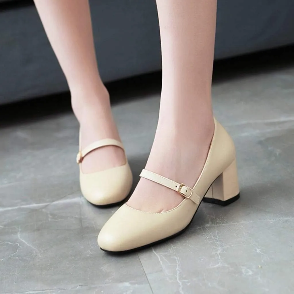 MIOKE Women's Square Toe Mary Jane Pump Oxford Leather Buckle Strap Chunky Block Mid Heel Retro Dress Shoes