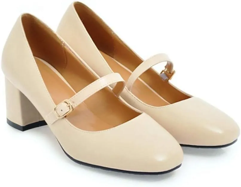 MIOKE Women's Square Toe Mary Jane Pump Oxford Leather Buckle Strap Chunky Block Mid Heel Retro Dress Shoes