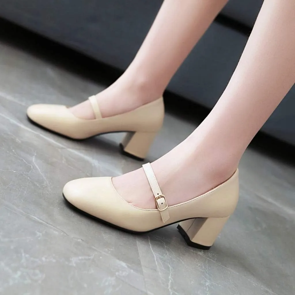 MIOKE Women's Square Toe Mary Jane Pump Oxford Leather Buckle Strap Chunky Block Mid Heel Retro Dress Shoes