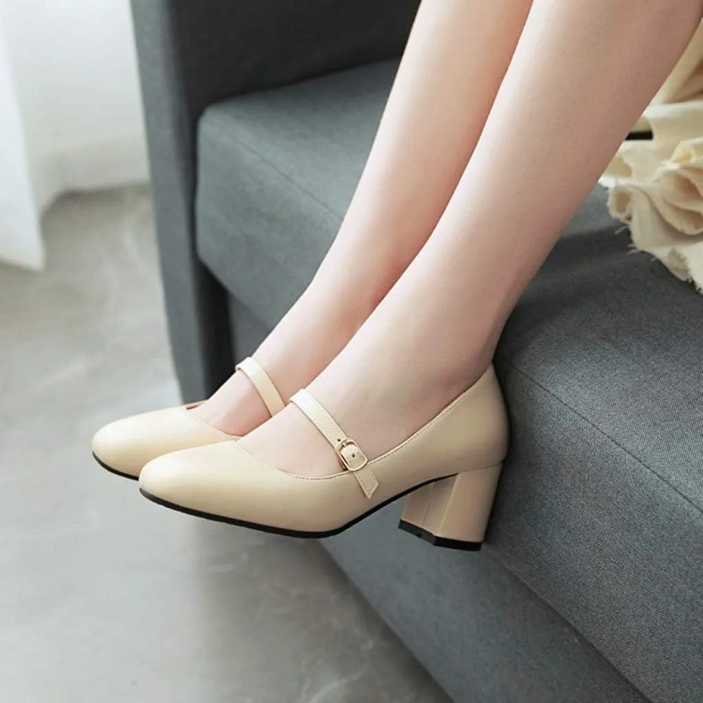 MIOKE Women's Square Toe Mary Jane Pump Oxford Leather Buckle Strap Chunky Block Mid Heel Retro Dress Shoes