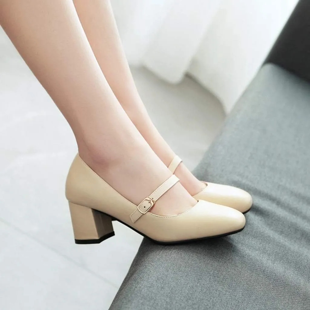 MIOKE Women's Square Toe Mary Jane Pump Oxford Leather Buckle Strap Chunky Block Mid Heel Retro Dress Shoes