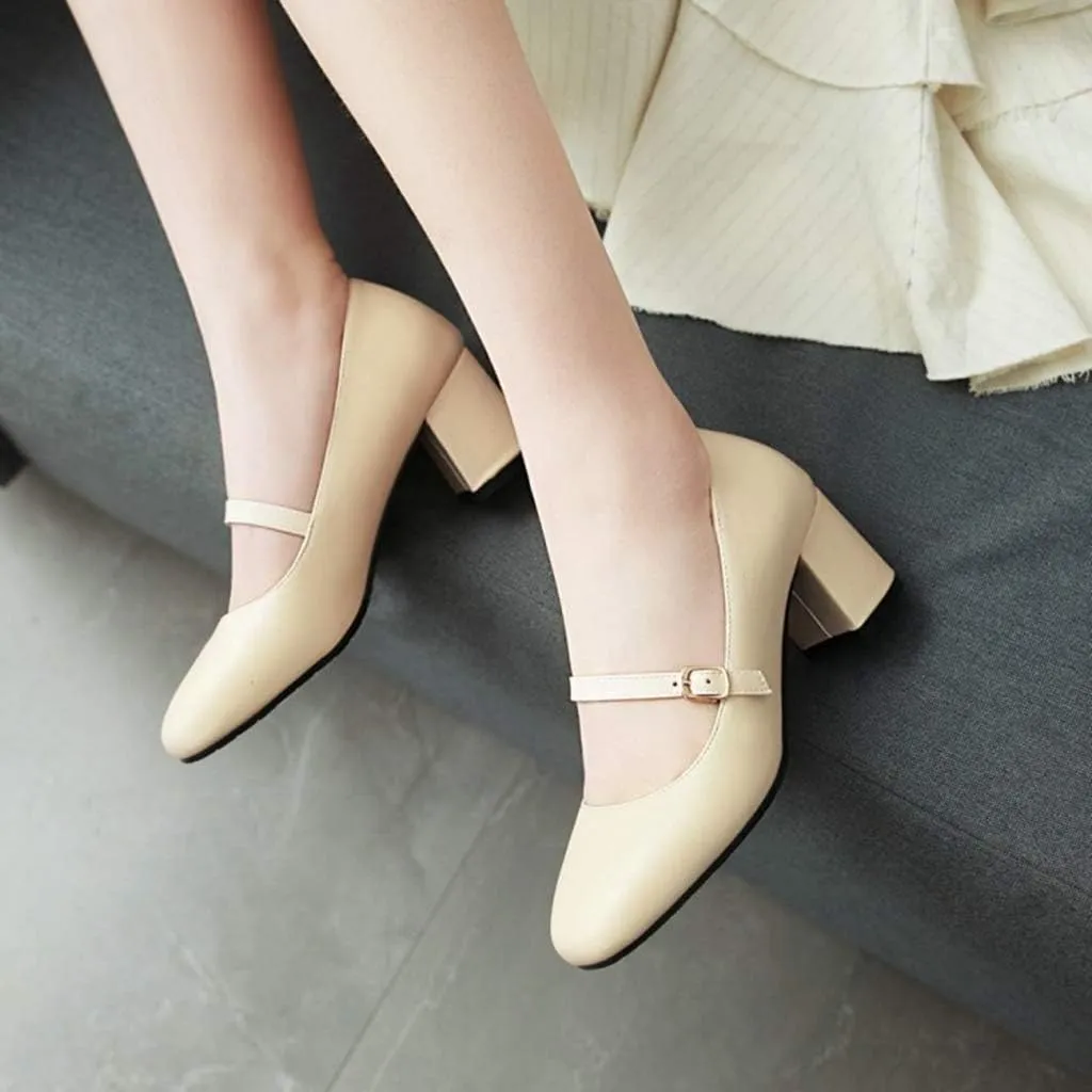 MIOKE Women's Square Toe Mary Jane Pump Oxford Leather Buckle Strap Chunky Block Mid Heel Retro Dress Shoes
