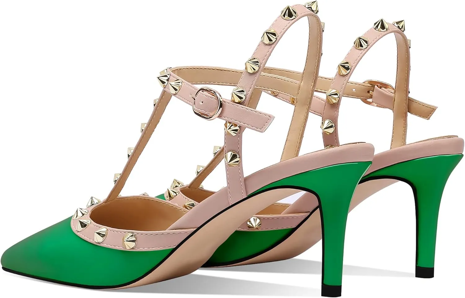 MIRAAZZURRA Women Heeled Sandals Rivet Studded T-Strap Wedding Shoes Stiletto High Heels Pointed Toe Slip On Bridal Pumps for Women