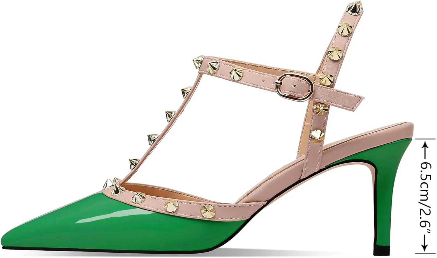 MIRAAZZURRA Women Heeled Sandals Rivet Studded T-Strap Wedding Shoes Stiletto High Heels Pointed Toe Slip On Bridal Pumps for Women