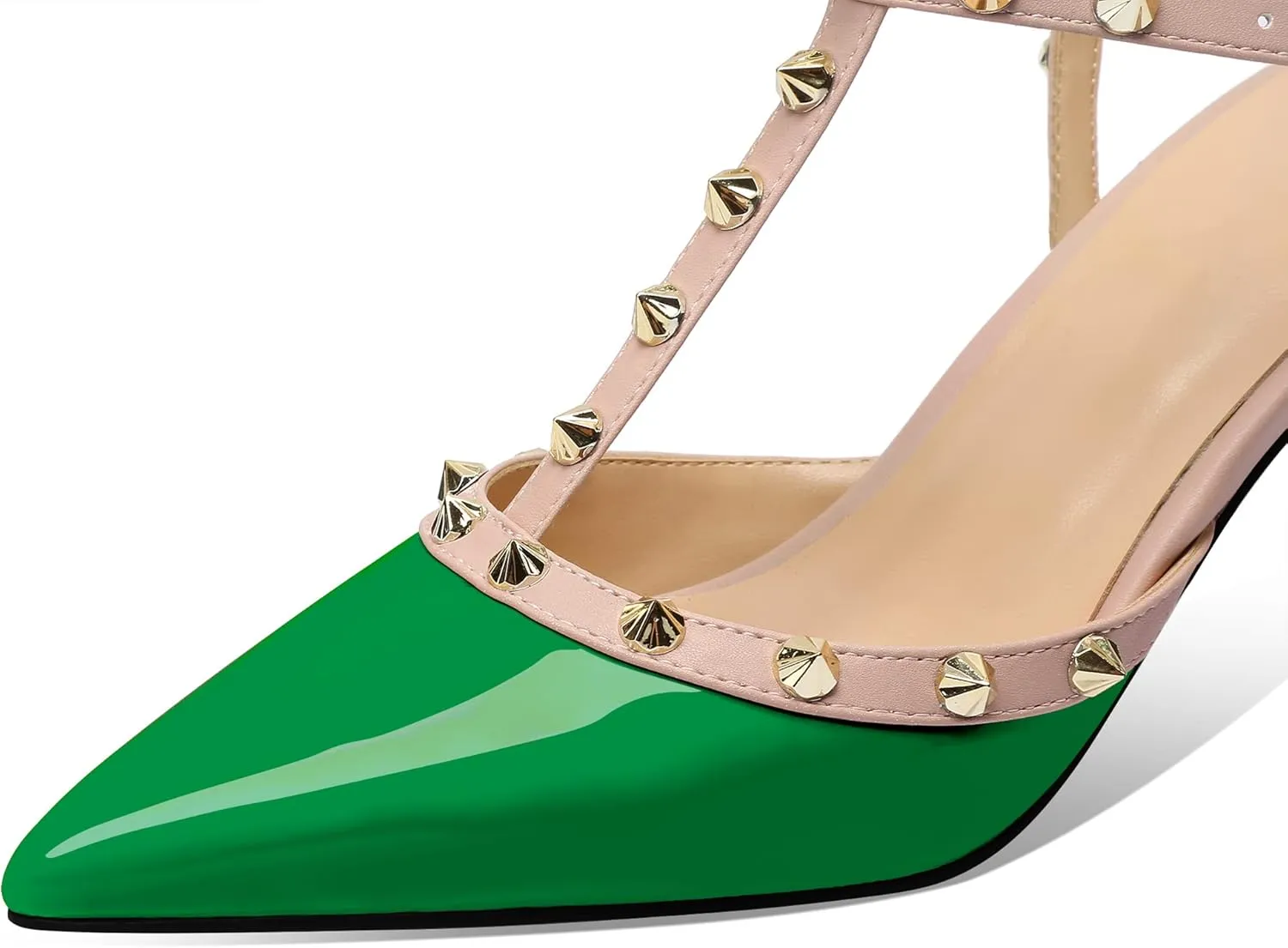 MIRAAZZURRA Women Heeled Sandals Rivet Studded T-Strap Wedding Shoes Stiletto High Heels Pointed Toe Slip On Bridal Pumps for Women
