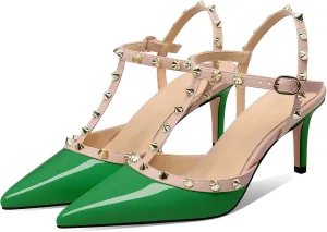 MIRAAZZURRA Women Heeled Sandals Rivet Studded T-Strap Wedding Shoes Stiletto High Heels Pointed Toe Slip On Bridal Pumps for Women