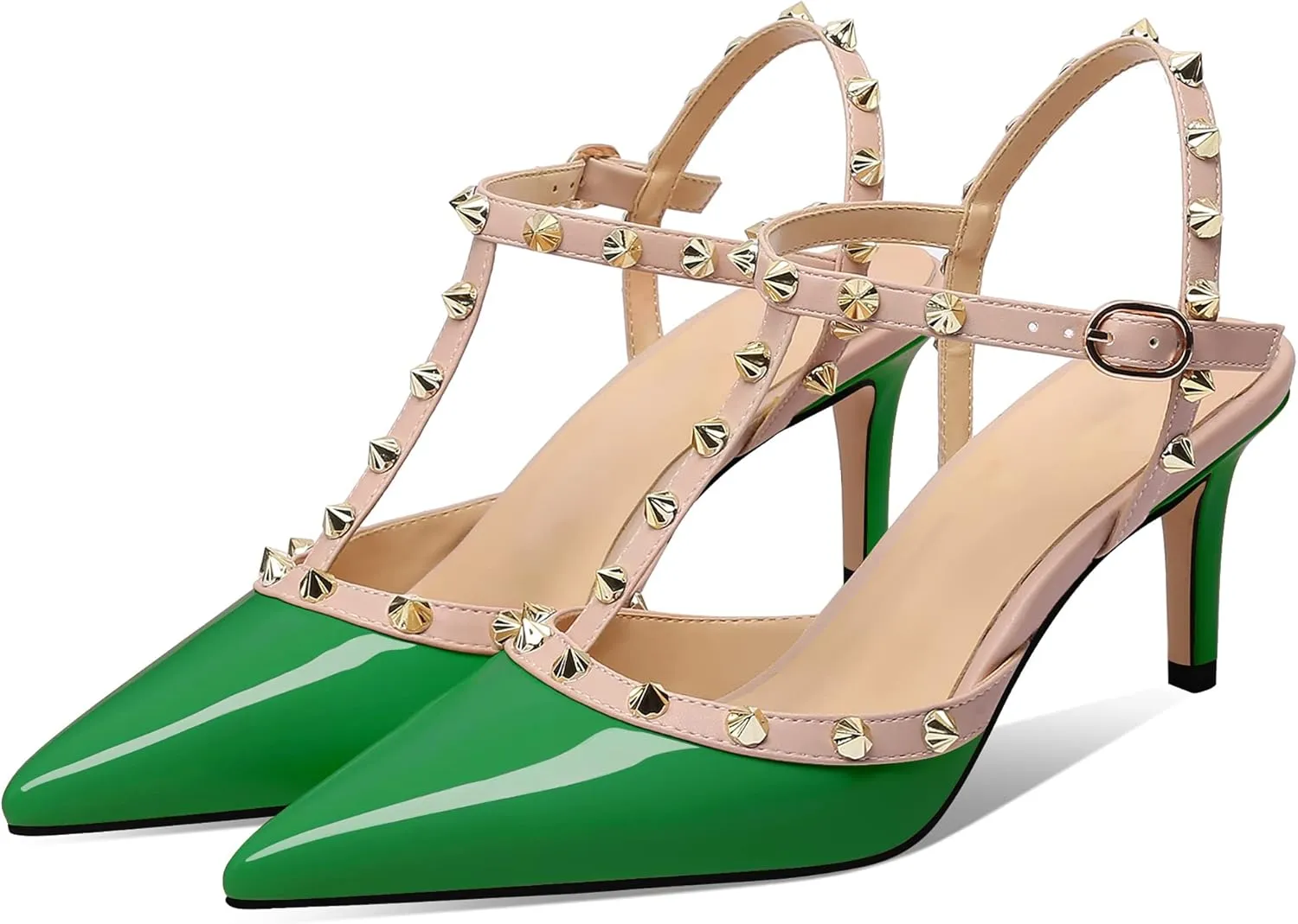 MIRAAZZURRA Women Heeled Sandals Rivet Studded T-Strap Wedding Shoes Stiletto High Heels Pointed Toe Slip On Bridal Pumps for Women