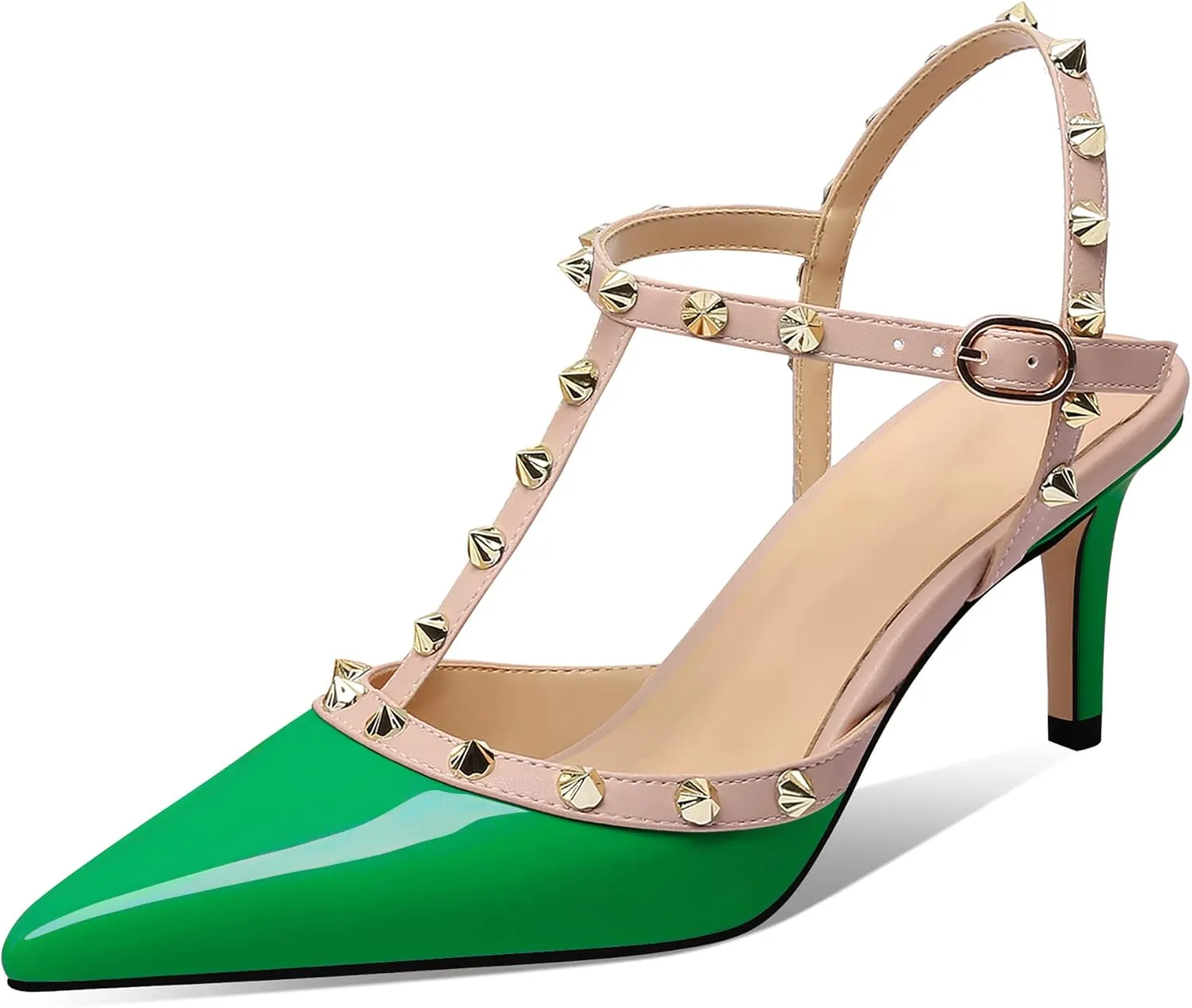 MIRAAZZURRA Women Heeled Sandals Rivet Studded T-Strap Wedding Shoes Stiletto High Heels Pointed Toe Slip On Bridal Pumps for Women