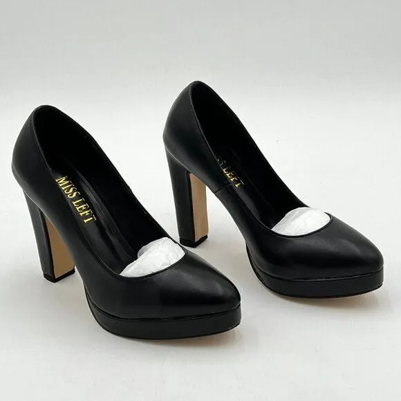 miss left Women's Low Platform High Chunky Heeled Slip On Closed Round Toe Pump