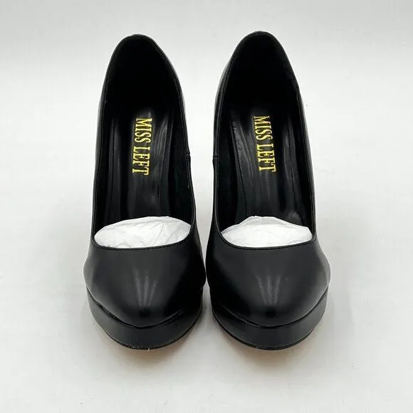 miss left Women's Low Platform High Chunky Heeled Slip On Closed Round Toe Pump