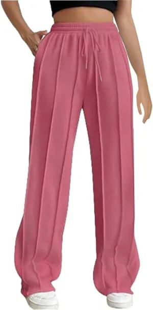 Miyaomn Casual Wide Leg Sweatpants for Women Pleated High Waisted Drawstring Sweat Joggers Pants Sports Trousers with Pockets
