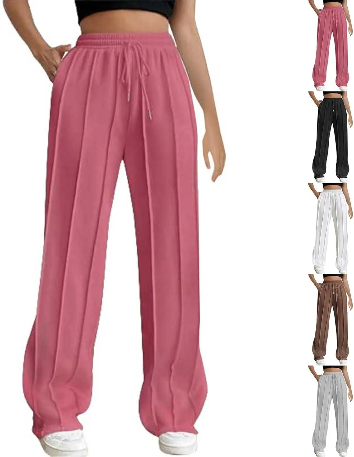 Miyaomn Casual Wide Leg Sweatpants for Women Pleated High Waisted Drawstring Sweat Joggers Pants Sports Trousers with Pockets