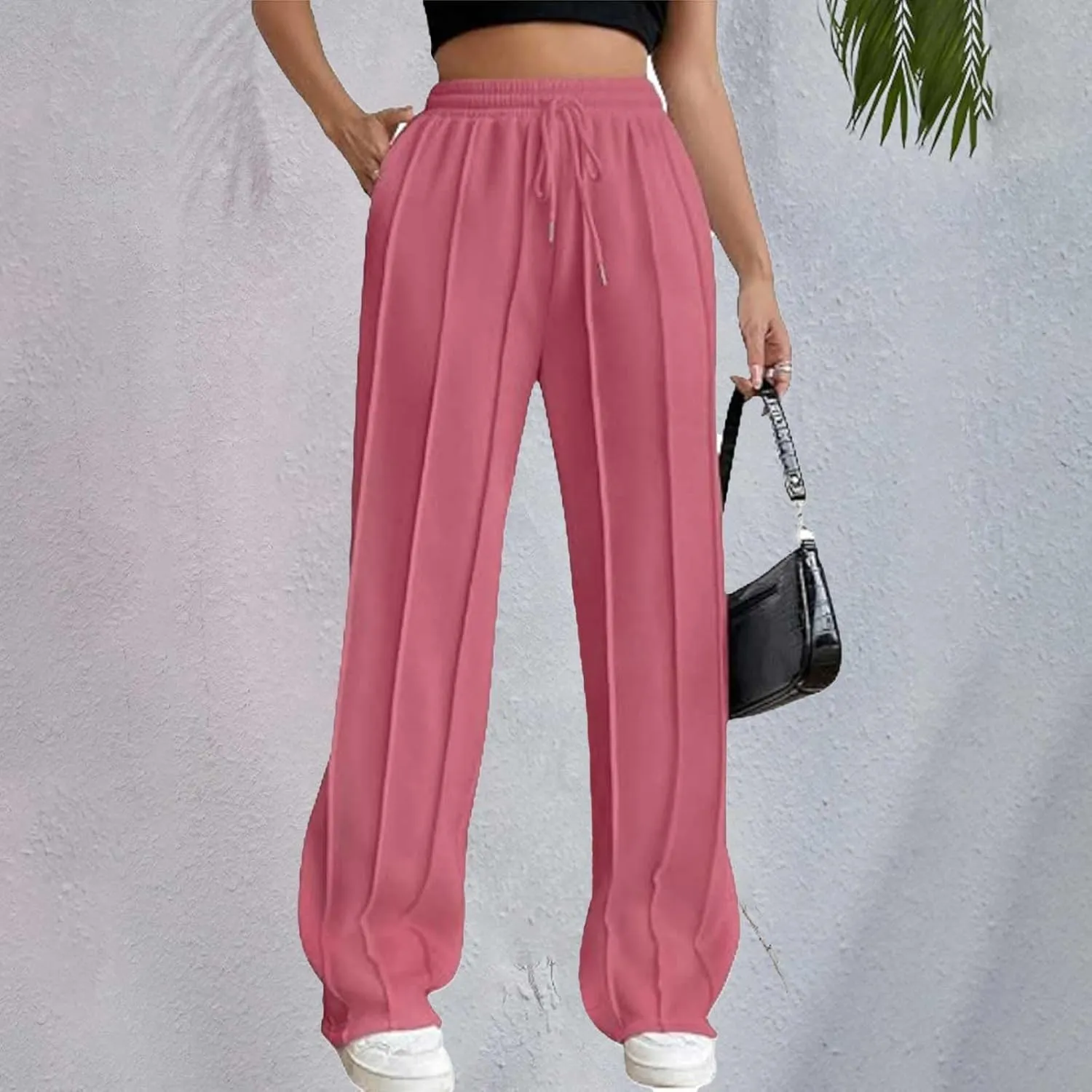 Miyaomn Casual Wide Leg Sweatpants for Women Pleated High Waisted Drawstring Sweat Joggers Pants Sports Trousers with Pockets