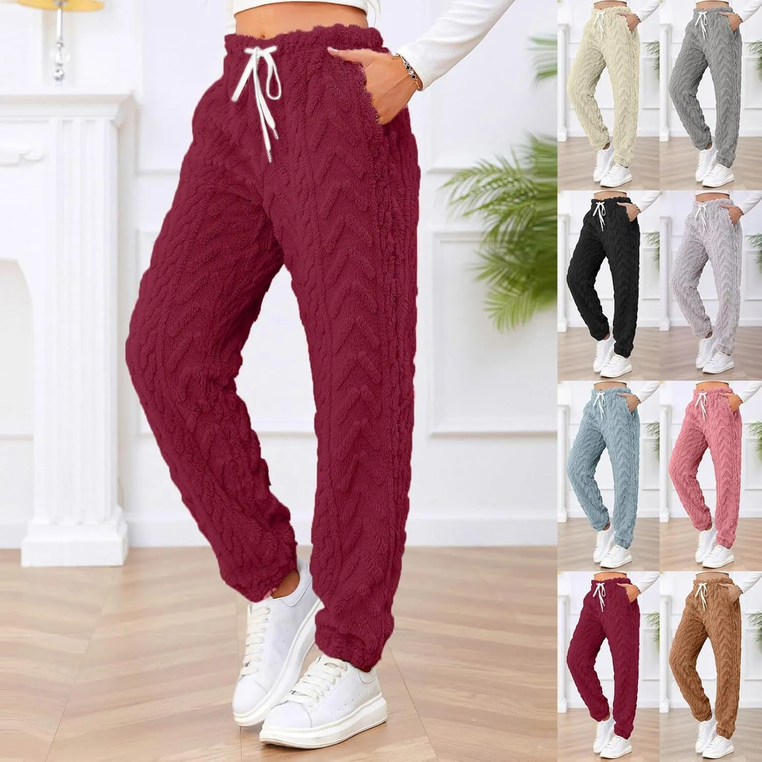 Miyaomn Winter Sherpa Plush Sweatpants for Women Fleece Warm Soft Joggers Drawstring Elastic Waist Lounge Trouser Sleep Pants