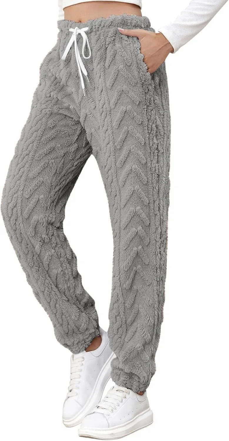Miyaomn Winter Sherpa Plush Sweatpants for Women Fleece Warm Soft Joggers Drawstring Elastic Waist Lounge Trouser Sleep Pants