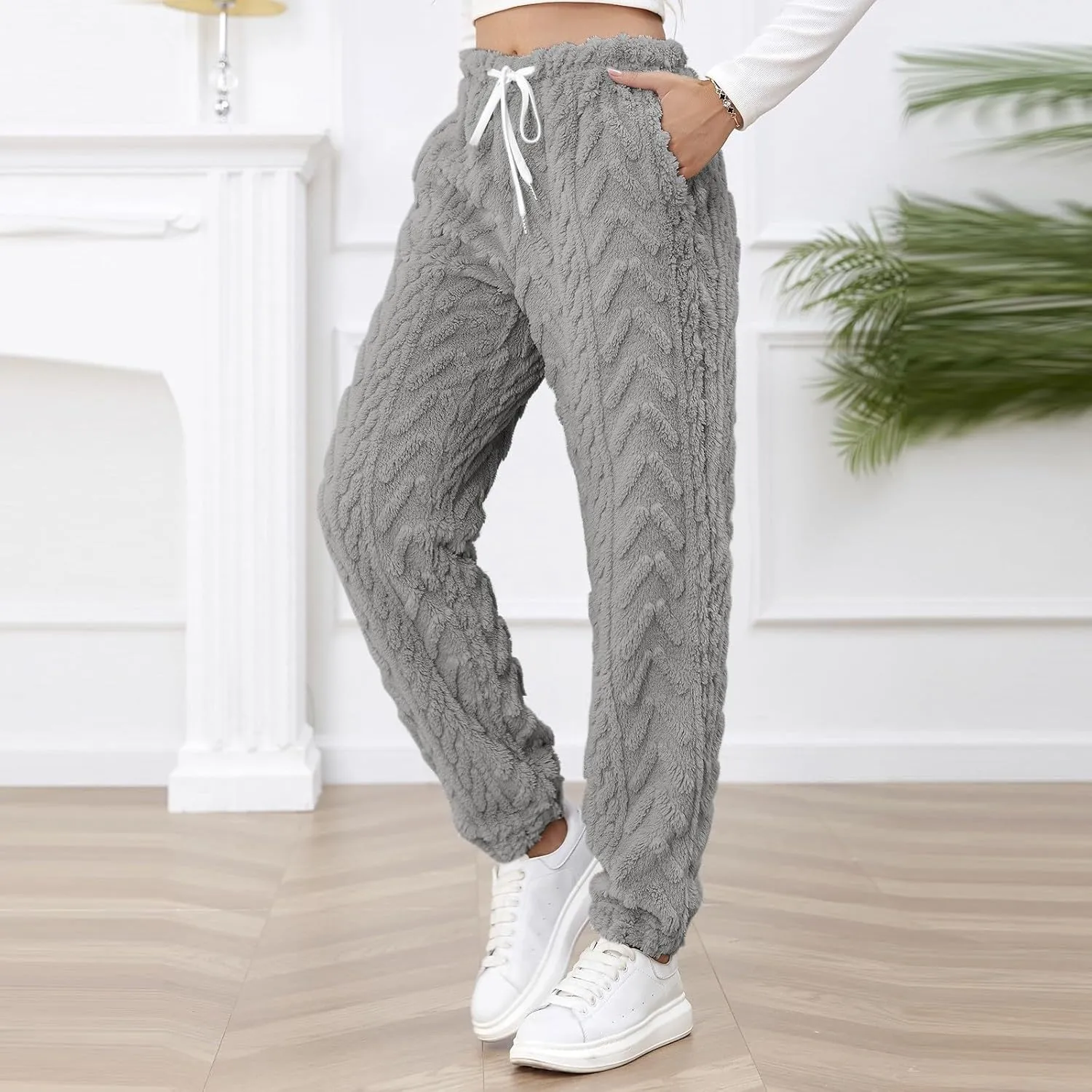 Miyaomn Winter Sherpa Plush Sweatpants for Women Fleece Warm Soft Joggers Drawstring Elastic Waist Lounge Trouser Sleep Pants