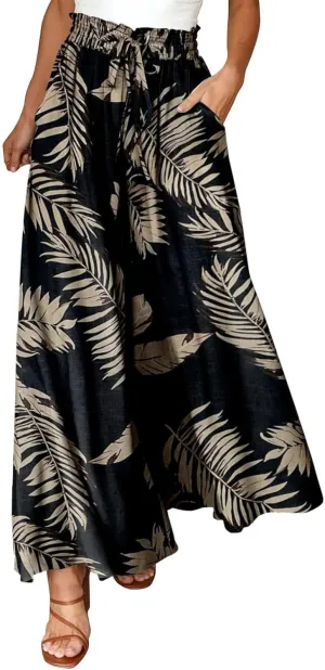 Miyaomn Womens Casual Elastic Waist Wide Leg Pants 2024 Summer Floral Solid Flowy Pockets Palazzo Pants Lounge Beach Trousers