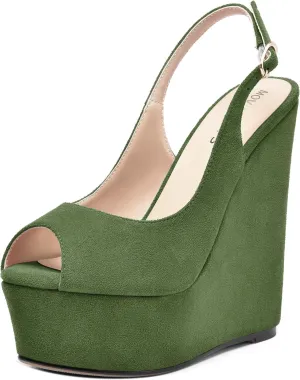 MOVINSTEPS Womens Platform Wedding Buckle Peep Toe Slingback Solid Dress Suede Wedge High Heel Pumps Shoes 6 Inch