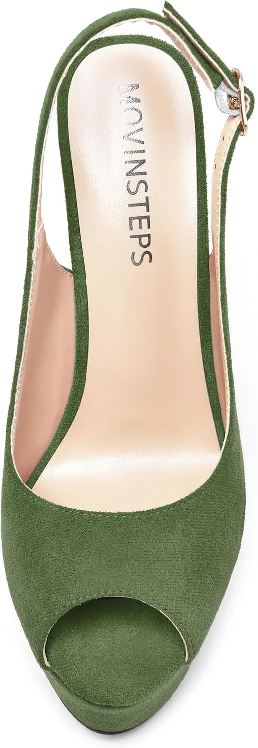 MOVINSTEPS Womens Platform Wedding Buckle Peep Toe Slingback Solid Dress Suede Wedge High Heel Pumps Shoes 6 Inch